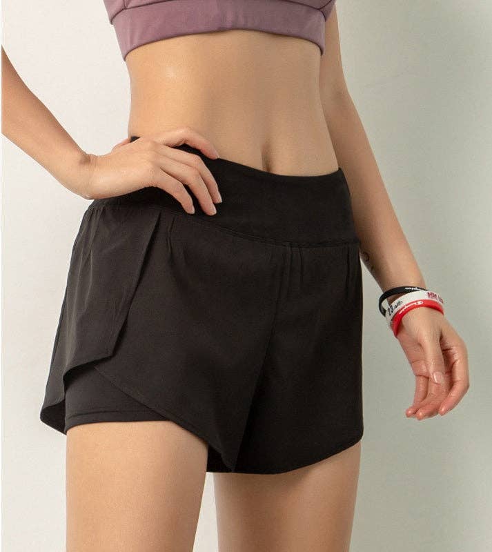 Active by Anna-Kaci - Two Toned Waistband Active Shorts: XL 10-12 / Black