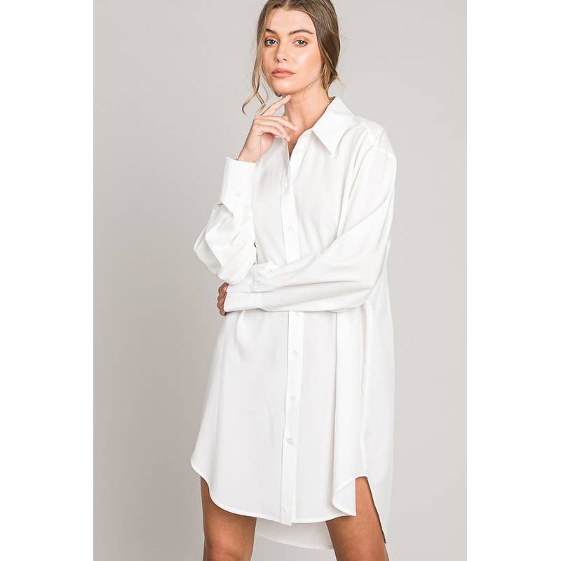 open lace back dress CALIstyle The Ultimate Button Down Shirt Dress In White main image 1